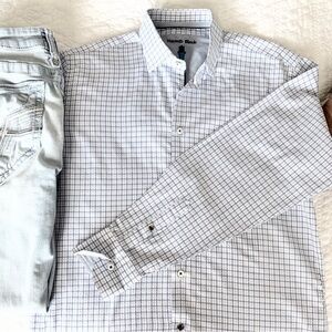Men's White and Gray Checkered Button Down Shirt